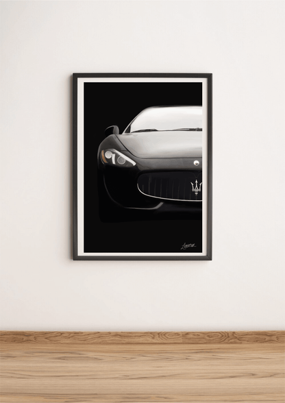 Maserati art print by KEOLIX featuring a sleek black Maserati car illustration on high-quality print paper.