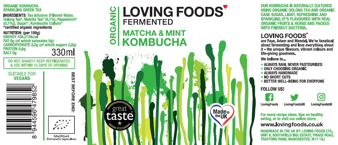 Organic Loving Foods Kombucha with matcha and mint flavor in a clear glass bottle, showcasing a vibrant green drink with fresh mint leaves.