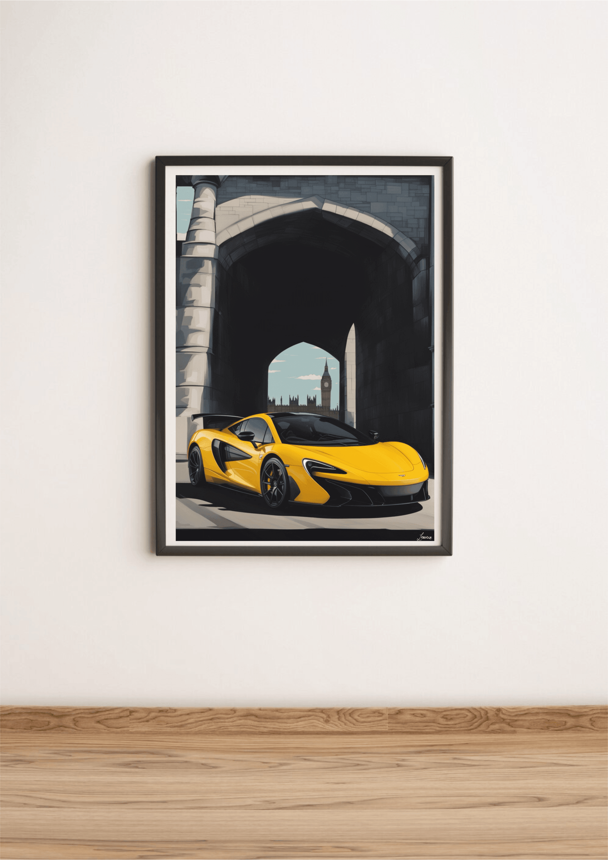Yellow KEOLIX sports car print featuring a sleek McLaren on a London street art background, perfect for automotive art enthusiasts.