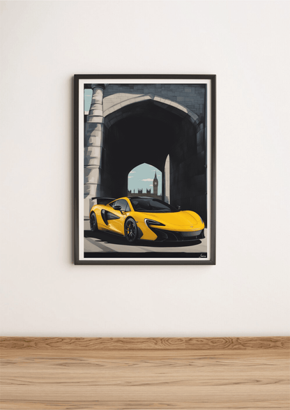 Yellow KEOLIX sports car print featuring a sleek McLaren on a London street art background, perfect for automotive art enthusiasts.