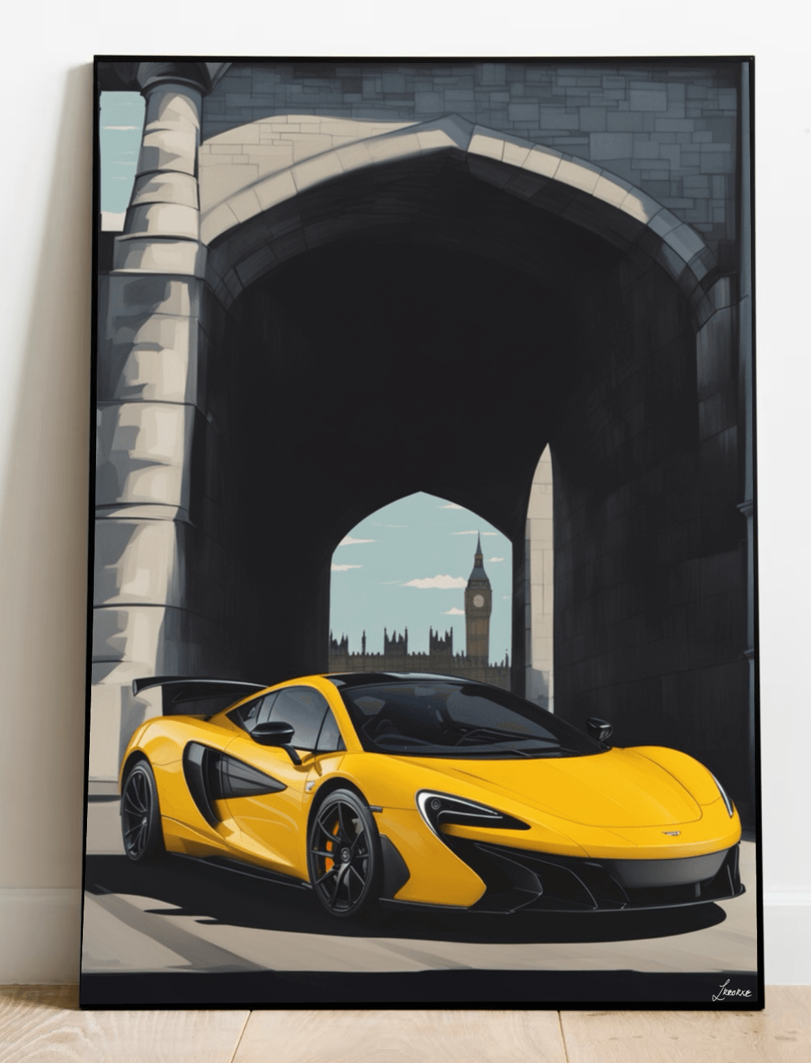 Yellow sports car print featuring a McLaren on a London street art background by KEOLIX, showcasing vibrant urban art and vehicle details.