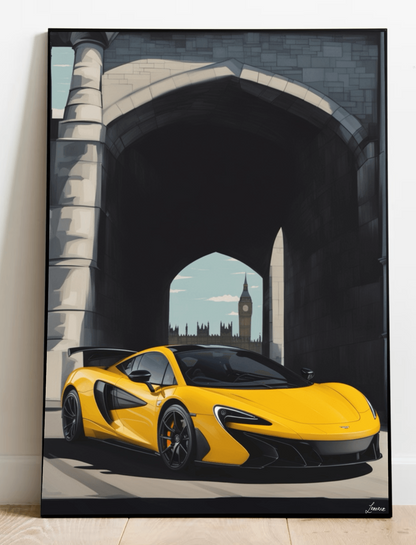 Yellow sports car print featuring a McLaren on a London street art background by KEOLIX, showcasing vibrant urban art and vehicle details.