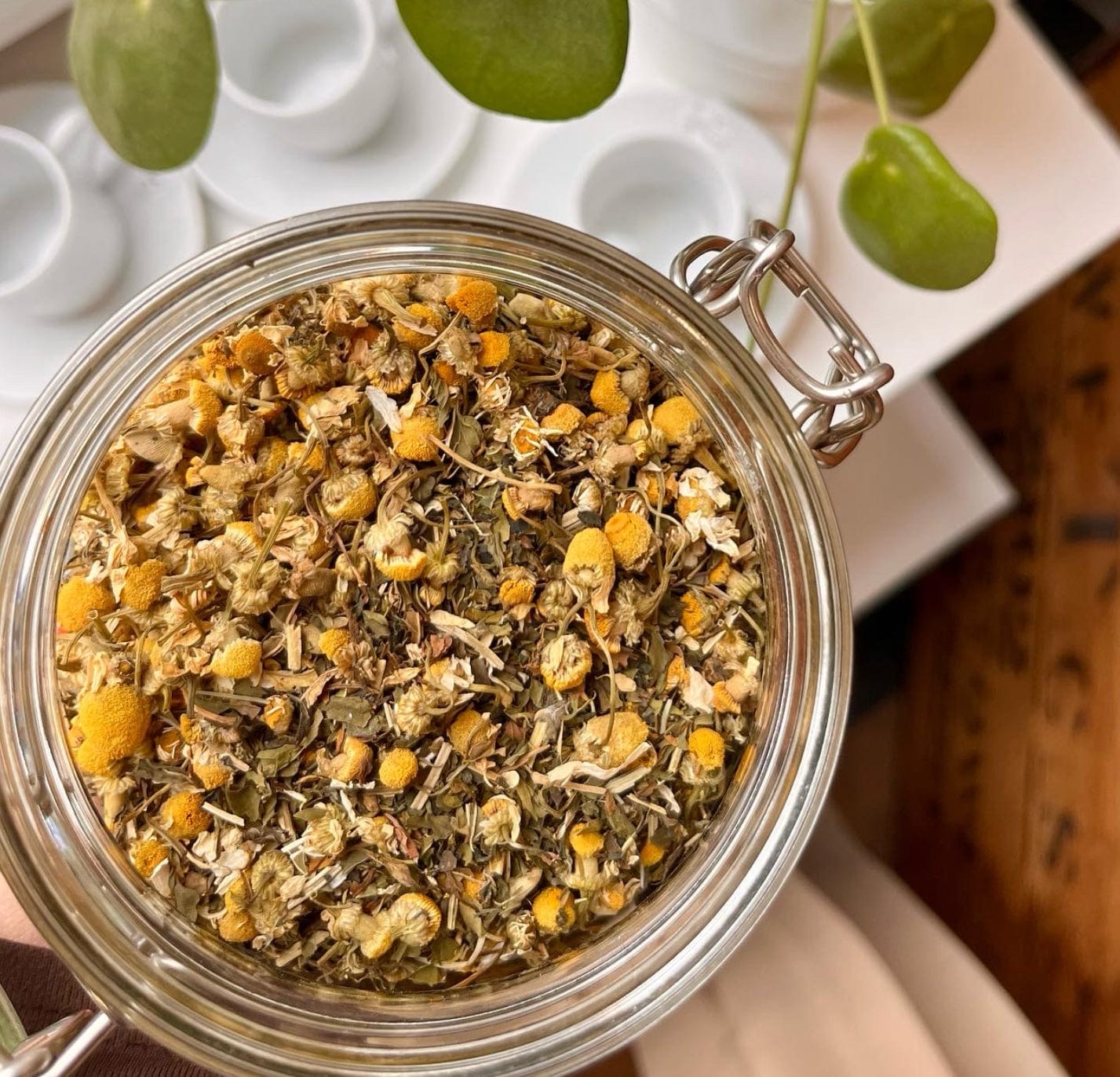 Porter Hill Tea Company's Meadow Morning Walk herbal tea blend with fresh fruits and herbs in a relaxed outdoor setting.