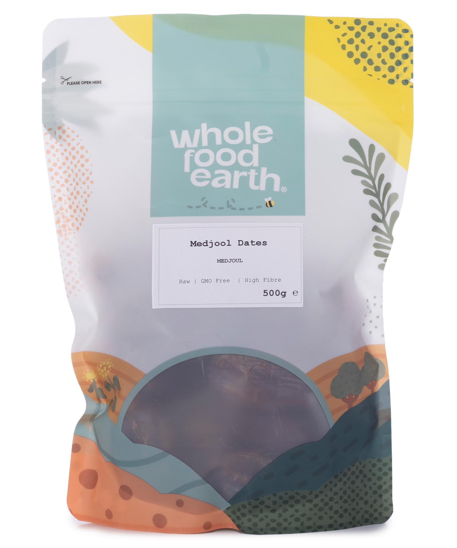 Dried Medjoul dates from Whole Food Earth, 500g, showing plump, glossy Medjool dates in a natural cluster.