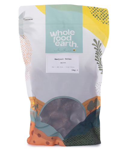Medjoul dates from Whole Food Earth, dried fruits with glossy, plump, dark brown Medjool dates in a 1kg package.