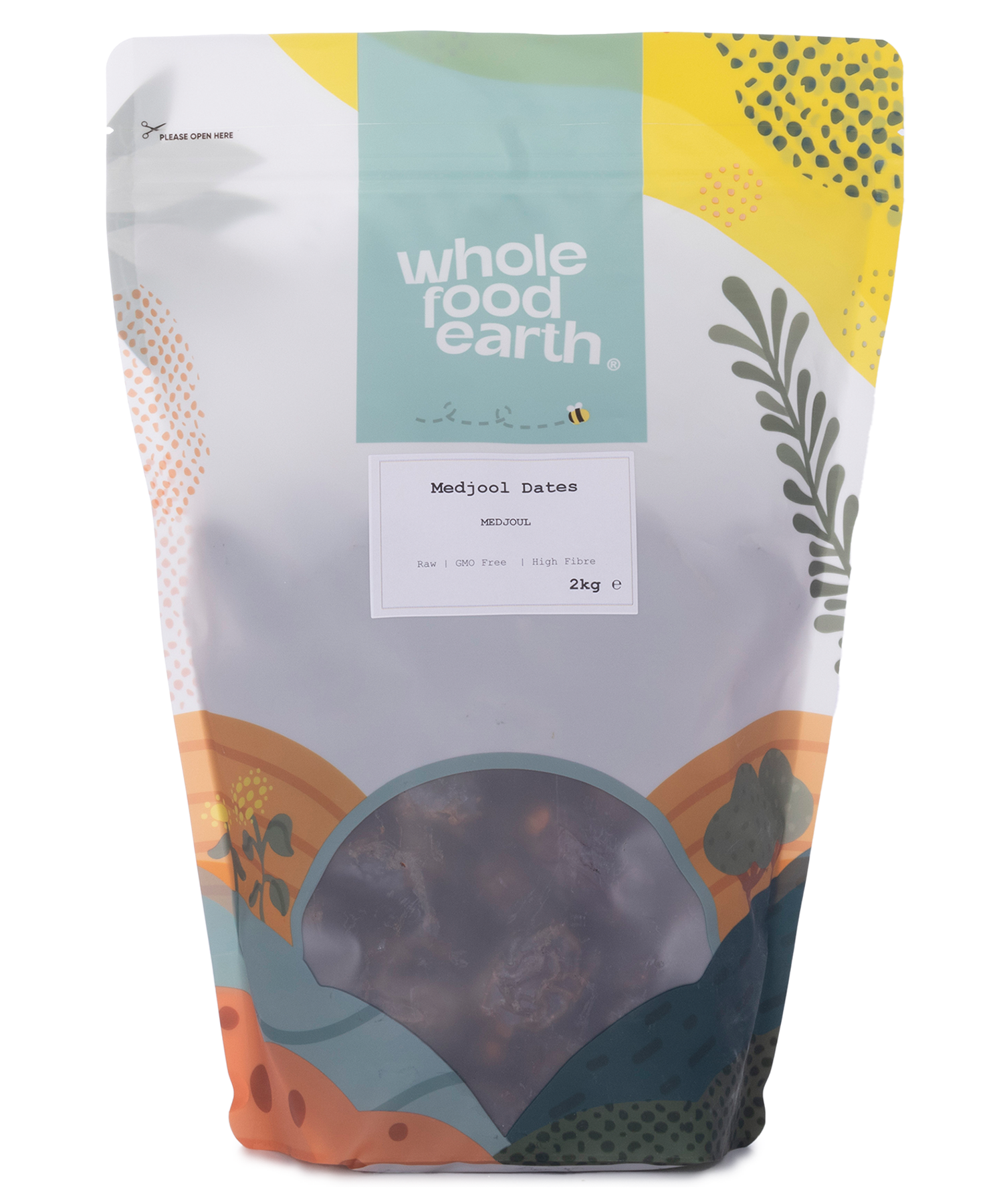 Whole Food Earth Medjoul Dates, dried fruit, plump and glossy Medjool dates in a 2kg package, showcasing their rich, caramel color.
