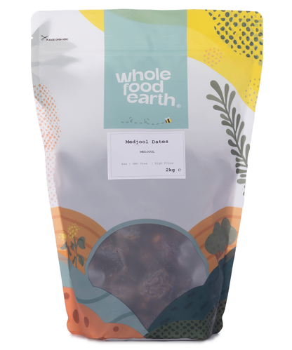 Whole Food Earth Medjoul Dates, dried fruit, plump and glossy Medjool dates in a 2kg package, showcasing their rich, caramel color.