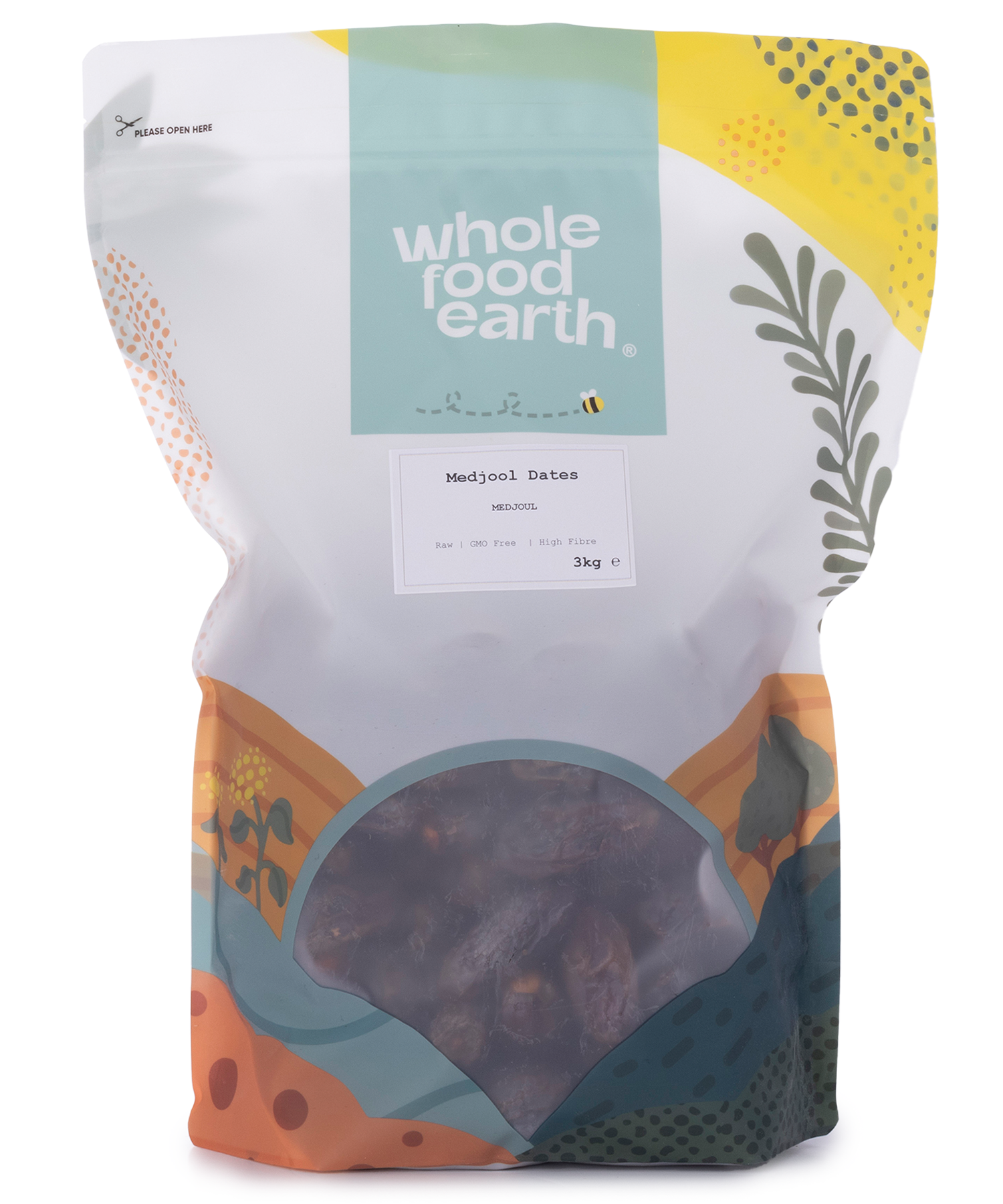 Medjoul Dates from Whole Food Earth, dried fruits, large, plump, glossy, and dark brown, displayed in a natural cluster.