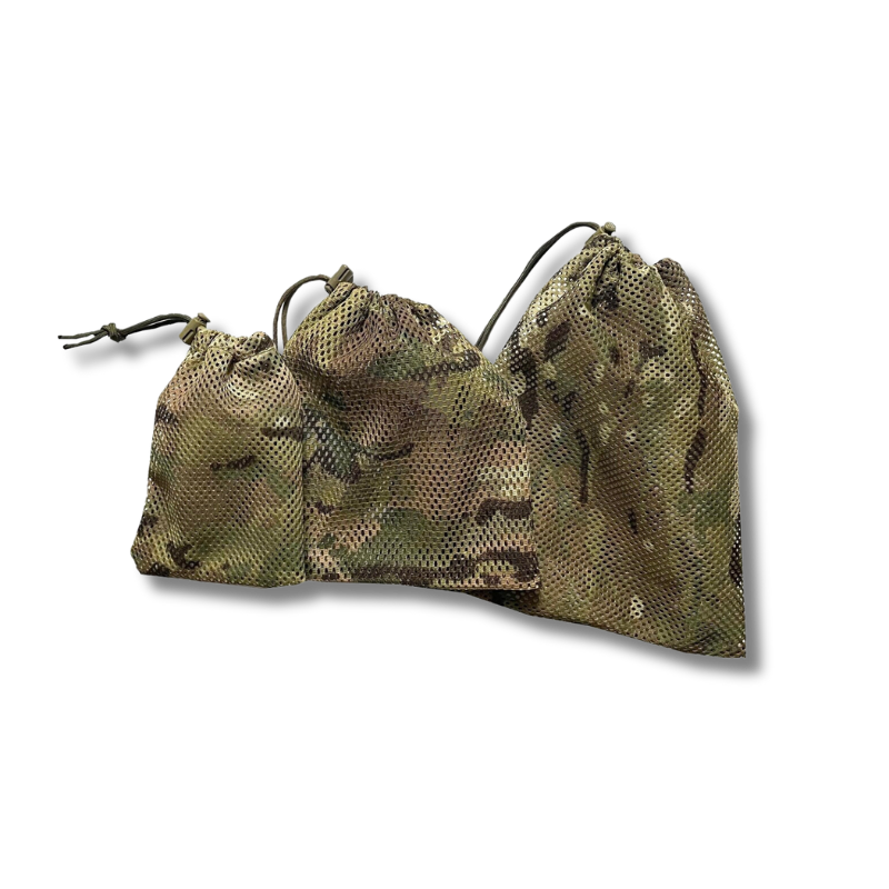 Multicam camouflage gear stash bags with drawstring closure, made by Contact Coffee Company Ltd., ideal for secure storage.