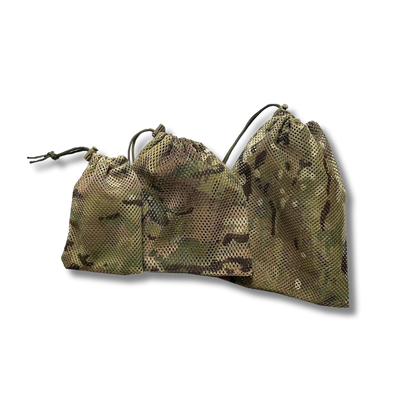 Multicam camouflage gear stash bags with drawstring closure, made by Contact Coffee Company Ltd., ideal for secure storage.
