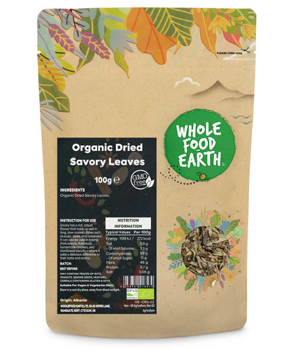Organic savory herb from Whole Food Earth, fresh dried herb container for cooking and seasoning in herbs and spices collection.