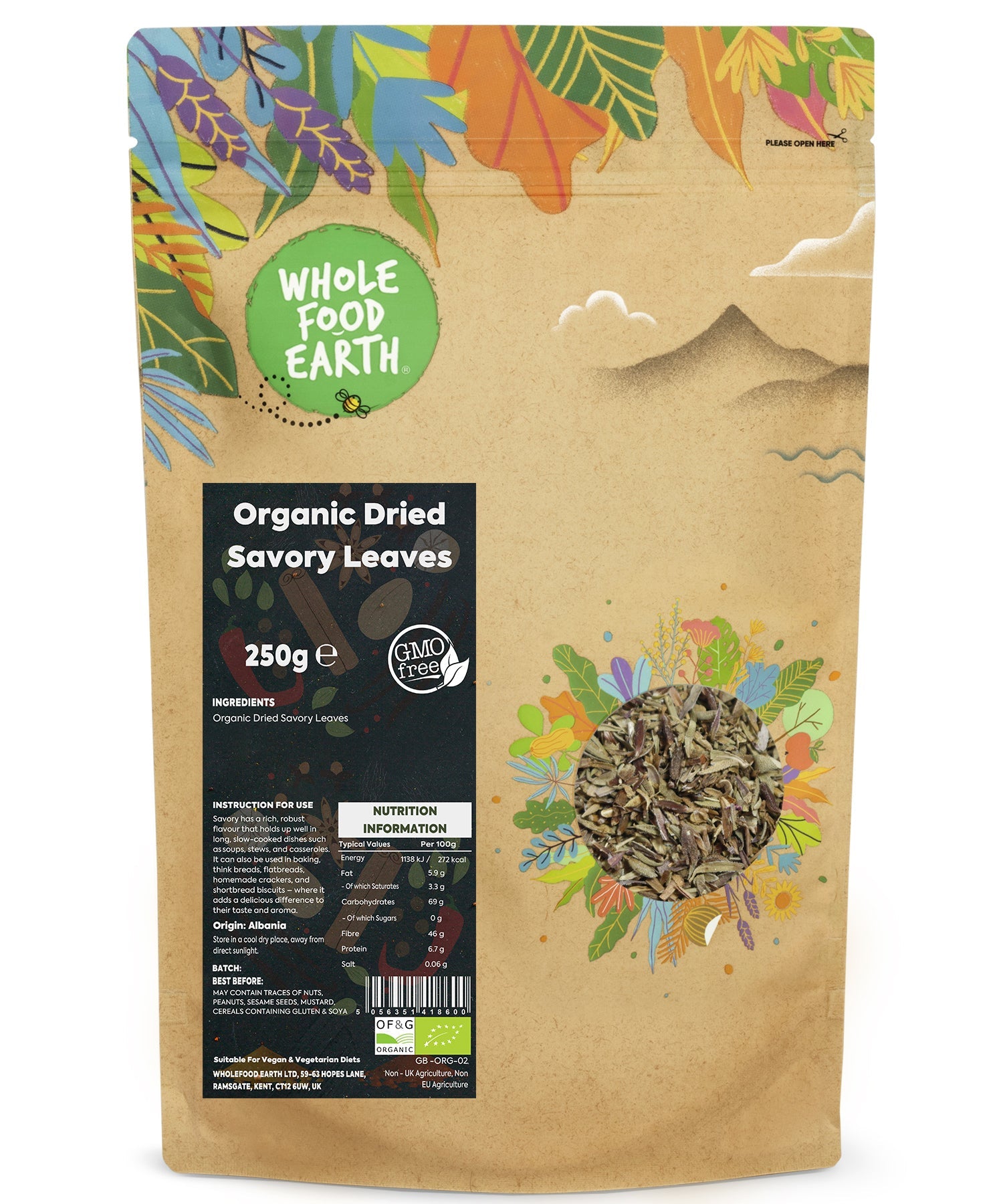 Organic savory herb from Whole Food Earth, fresh and dried herbs for cooking and seasoning in a clear jar.
