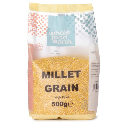 Whole Food Earth millet grain in a 500g bag, showcasing small, round, light-colored millet seeds used for cooking and baking.