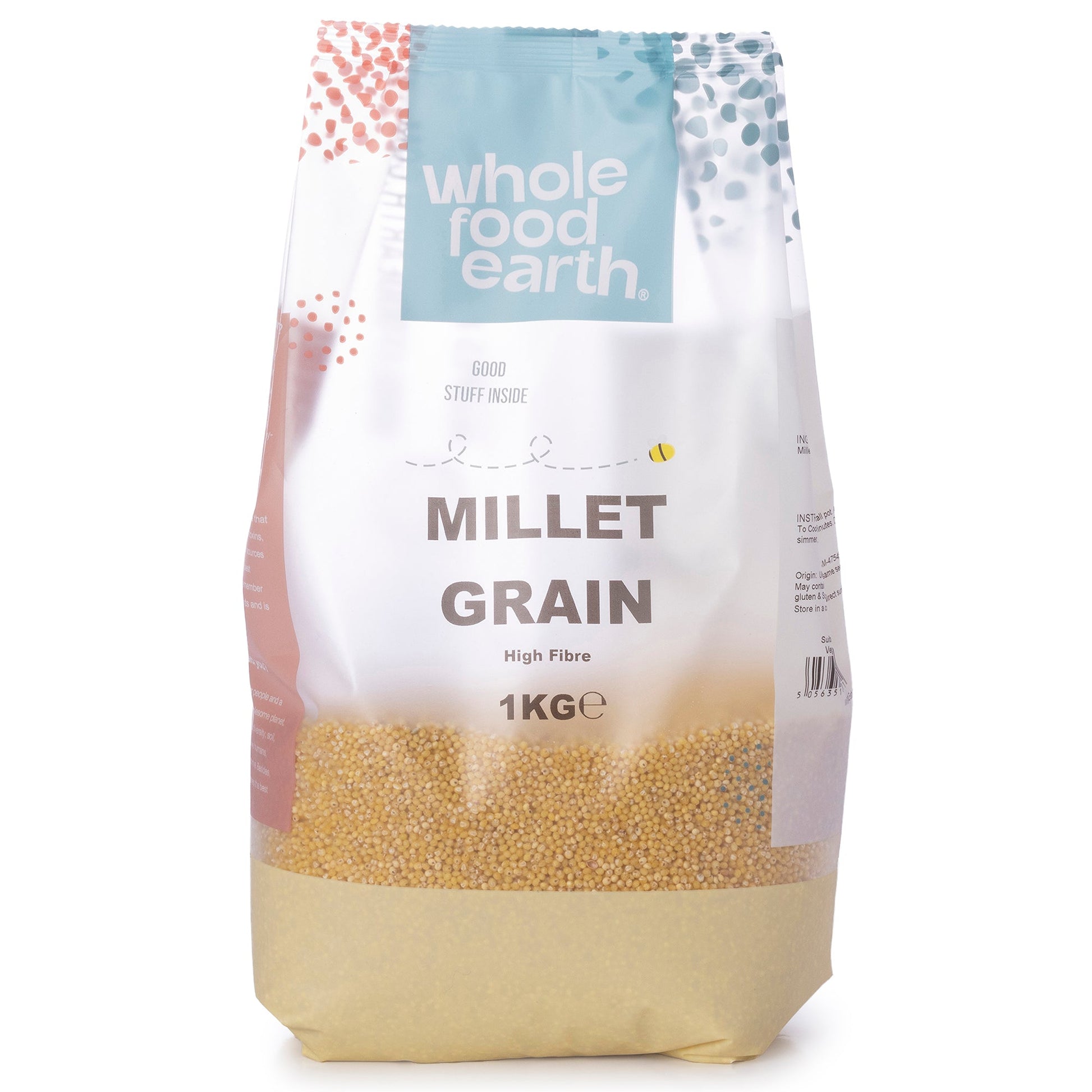 Whole Food Earth millet grain in 1kg bag, showcasing small, round, yellowish millet seeds for cooking and baking.