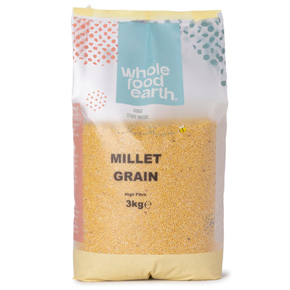 Whole Food Earth millet grain in a 2kg bag, showcasing small, round, yellow millet seeds used for cooking and baking.