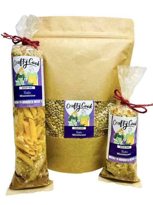 Crafty Cook minestrone soup mix in a bag, showcasing colorful dried vegetables and legumes for gluten-free, vegetarian cooking.