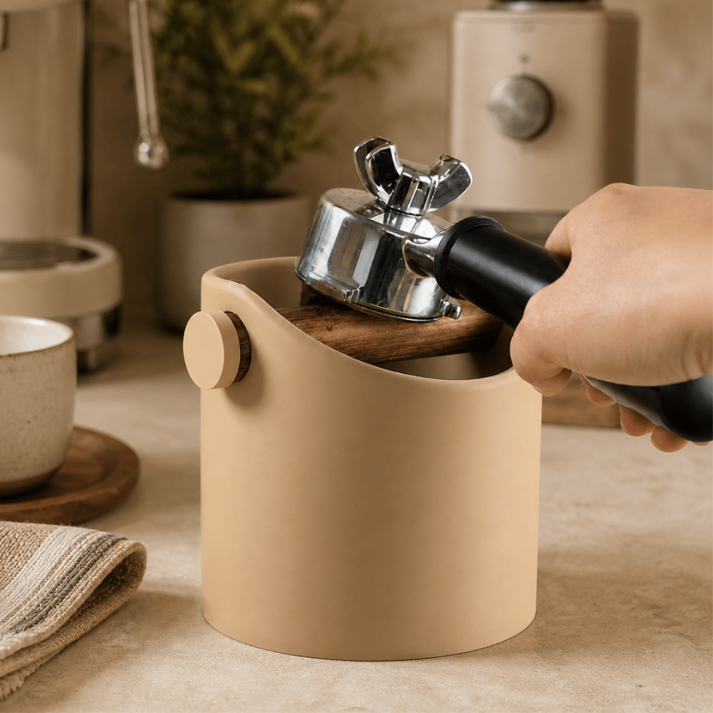 KNOCDIC® minimalist coffee knock box with real oak wood bar, sleek stainless steel design for espresso preparation.
