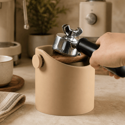 KNOCDIC® minimalist coffee knock box with real oak wood bar, sleek stainless steel design for espresso preparation.