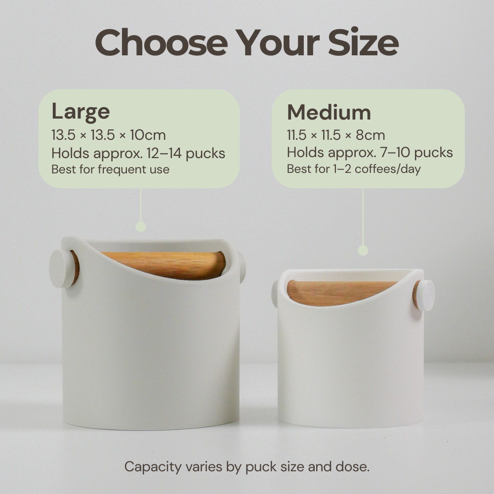 Minimalist coffee knock box with a real oak wood bar, designed for espresso machine cleanup by KNOCDIC®.