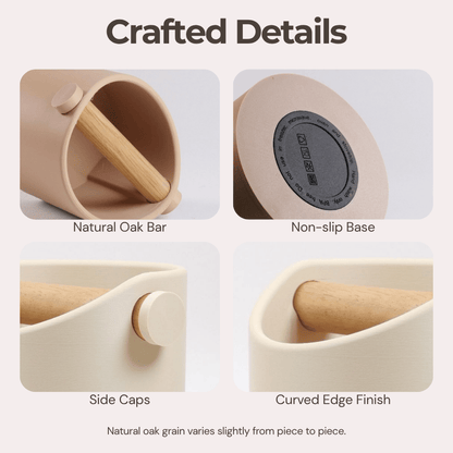 KNOCDIC® minimalist coffee knock box with a sleek black metal body and a real oak wood bar for knocking out used coffee grounds.