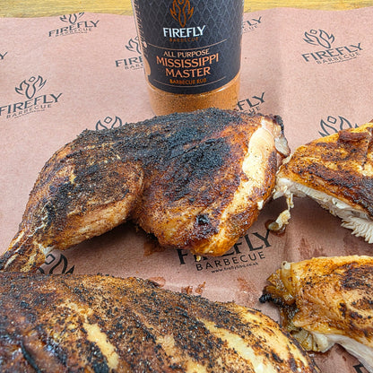 FireFly Barbecue Mississippi Master All-Purpose BBQ Rub on seasoned chicken, showcasing flavorful barbecue seasoning.