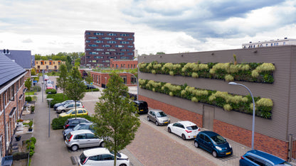 LivePanel outdoor living wall art by Botanical Boys featuring lush green plant panels on a school building exterior.