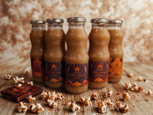 Ignite Coffee Co Popcorn Mocha Pack with six velvety chocolate mocha cold brews featuring a popcorn twist in colorful packaging.