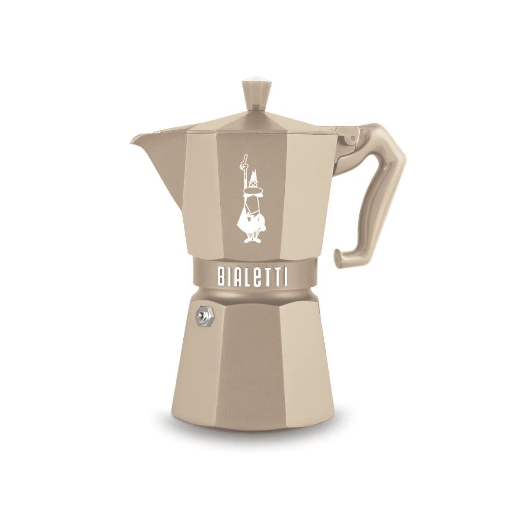 Bialetti Moka Octagonal Induction coffee maker in sand color with six cups, featuring an octagonal shape and Bialetti branding.