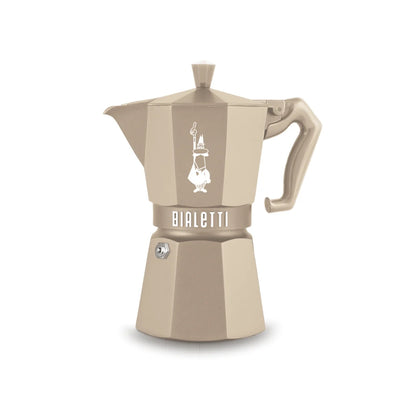 Bialetti Moka Octagonal Induction coffee maker in sand color with six cups, featuring an octagonal shape and Bialetti branding.