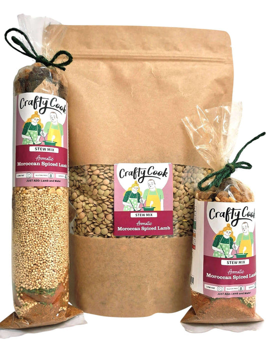 Moroccan Spiced Lamb Stew Mix by Crafty Cook in a clear jar with a label, showcasing the flavorful spice blend for cooking.