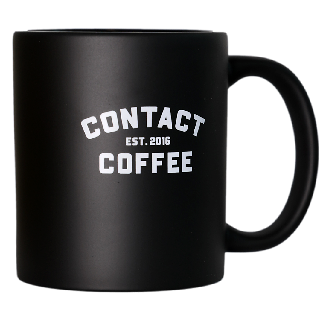 Contact Coffee Co mug from the Sortie Bundle featuring a sleek design and bold branding, perfect for coffee enthusiasts.