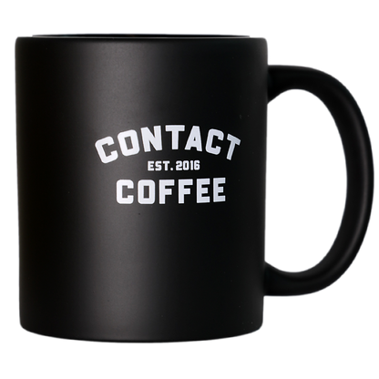 Contact Coffee Co mug featuring the Charlie gear design, ceramic coffee mug with Contact Coffee Company Ltd. branding.