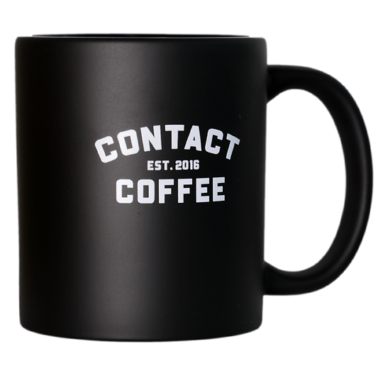 Contact Coffee Co mug featuring the Charlie gear design, ceramic coffee mug with Contact Coffee Company Ltd. branding.