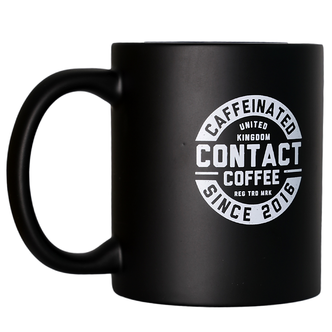 Contact Coffee Co mug featuring a stylish gear design, perfect for coffee enthusiasts and gear lovers.