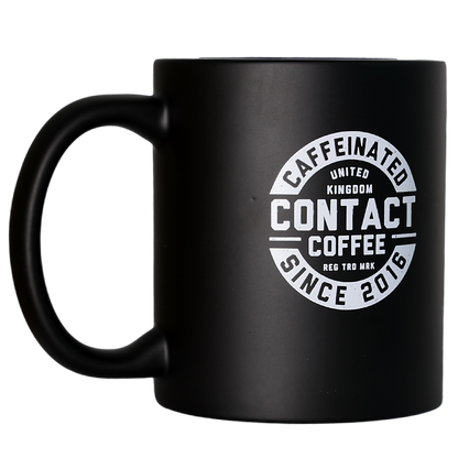 Contact Coffee Co mug featuring a stylish gear design, perfect for coffee enthusiasts and gear lovers.