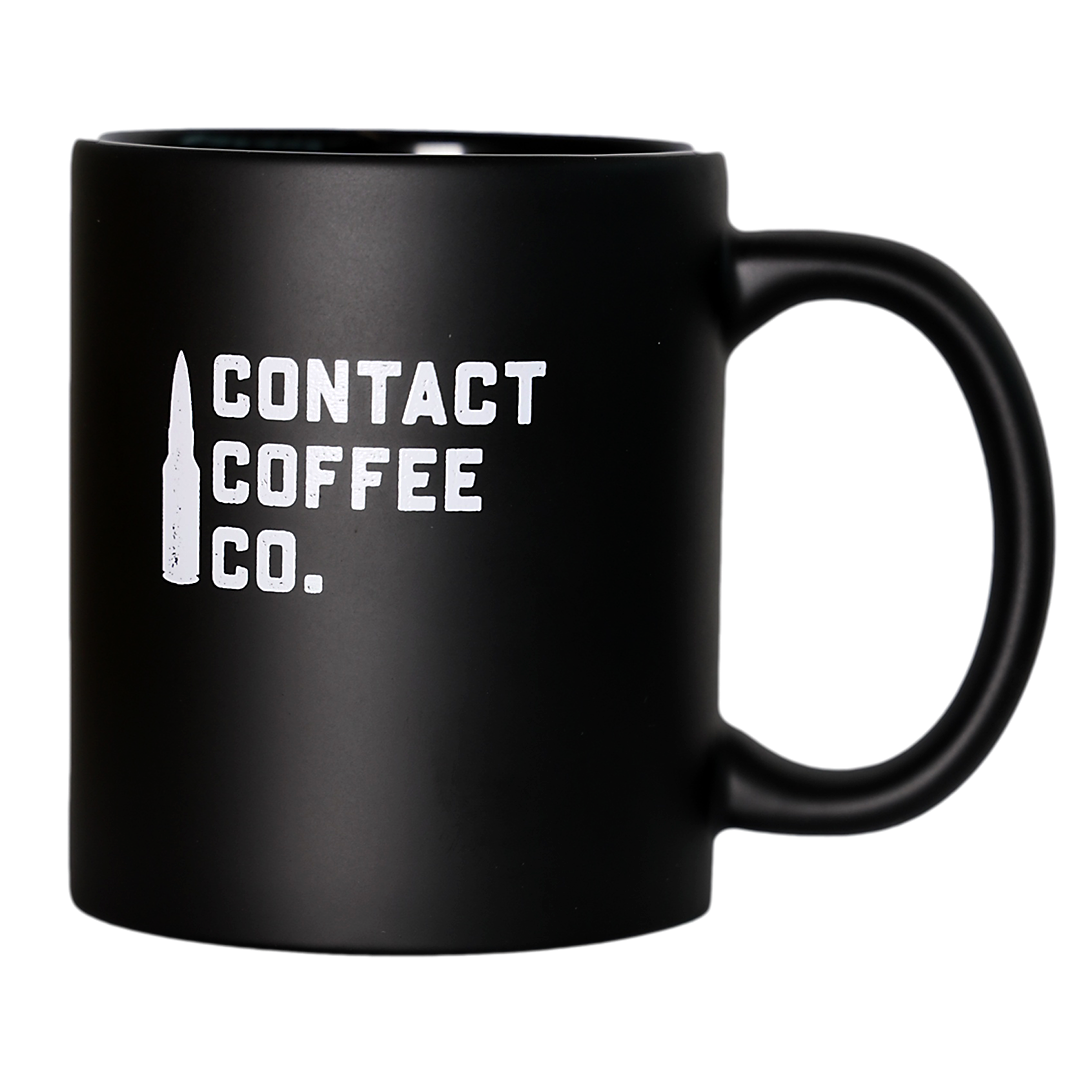 Contact Coffee Co mug from the Sortie Bundle, featuring a stylish gear design in a ceramic coffee mug.