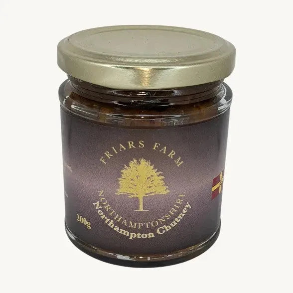 Jar of Northampton Chutney by Friars Farm with a label, showcasing a rich, flavorful chutney in a 200g glass jar.