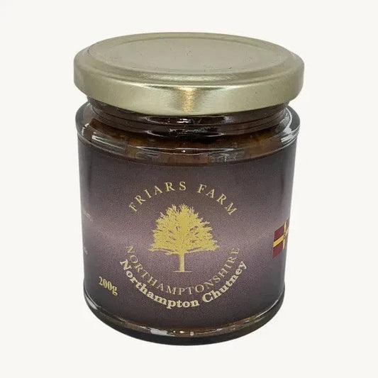 Jar of Northampton Chutney by Friars Farm with a label, showcasing a rich, flavorful chutney in a 200g glass jar.