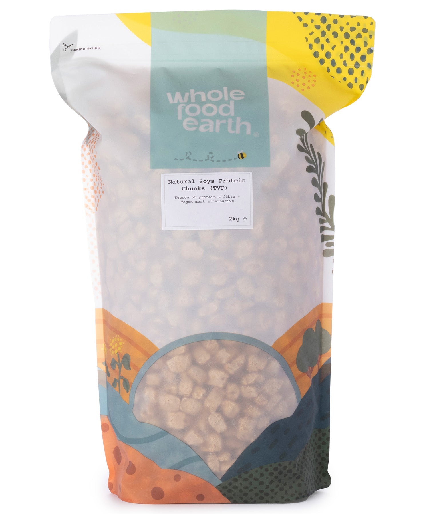 Whole Food Earth TVP Natural Soya Protein Chunks in a 2kg package, a plant-based beans and pulses product for healthy cooking.