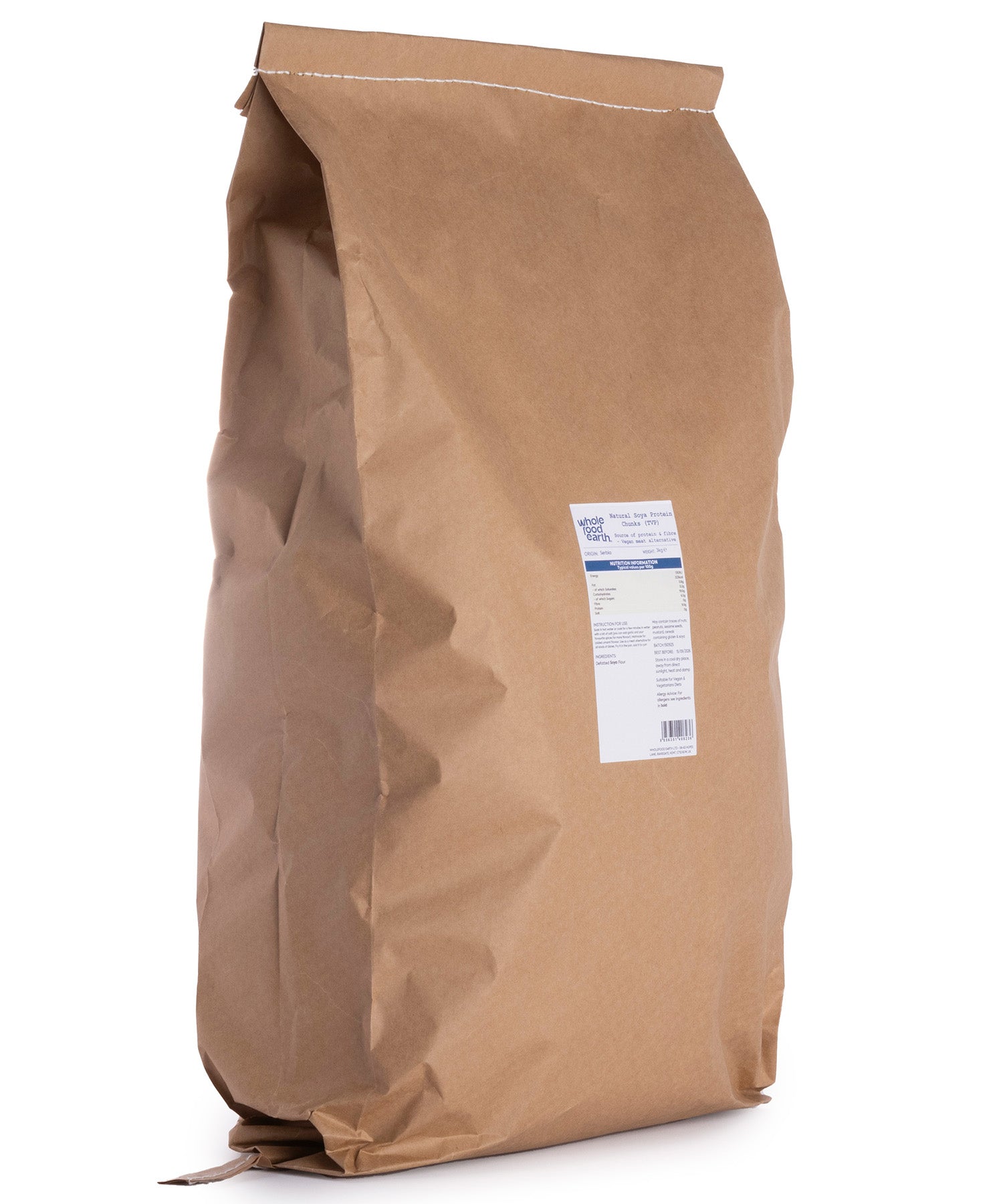 Whole Food Earth TVP natural soy protein chunks in a 3kg bag, made from beans and pulses, for plant-based cooking.