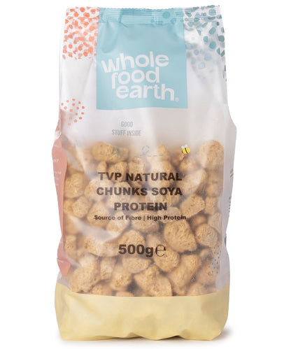 Whole Food Earth TVP natural soy protein chunks in 500g pack, showing textured soy chunks in a clear container.