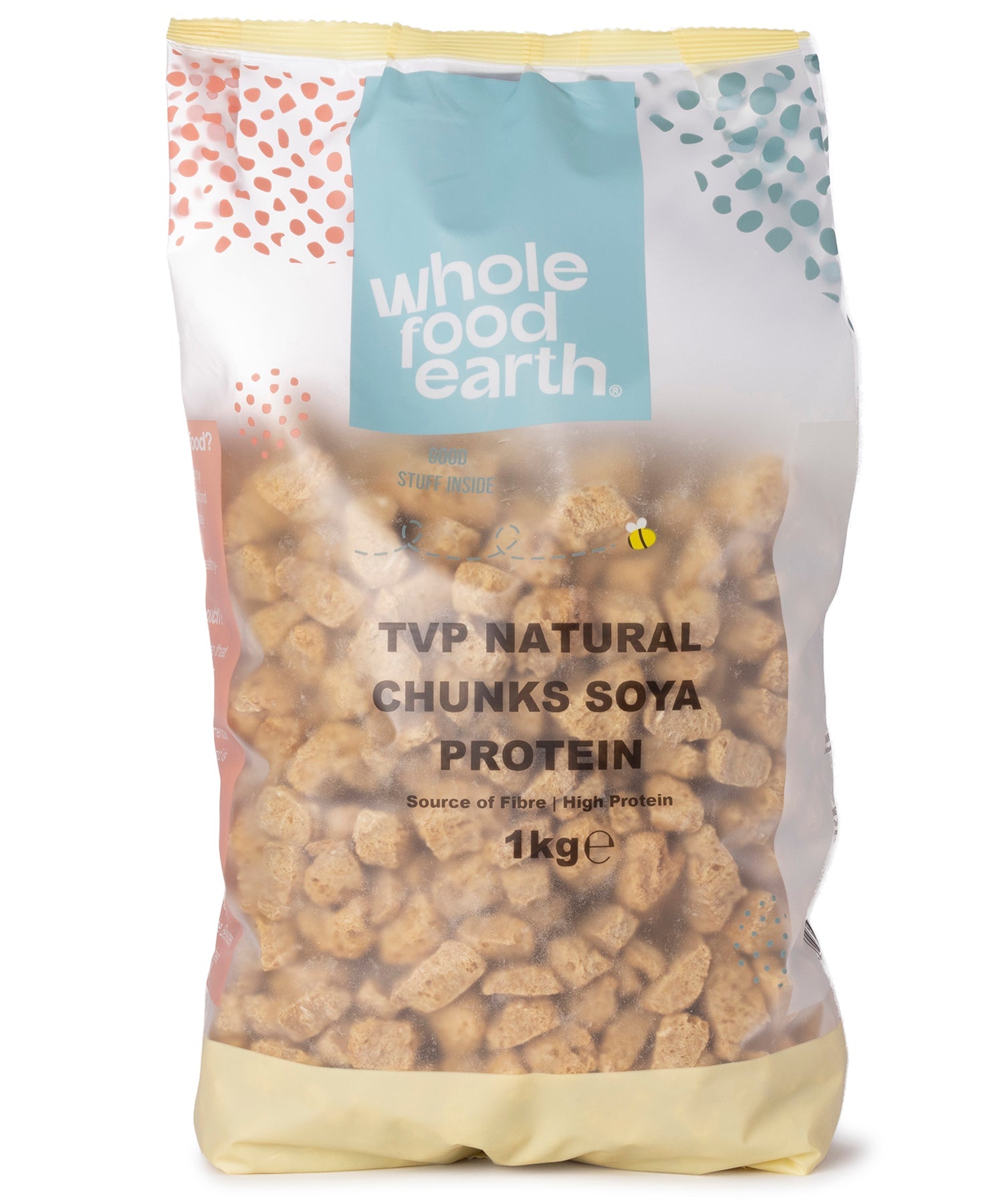 Whole Food Earth TVP natural soy protein chunks in a 1kg package, showing textured soy-based meat substitute.