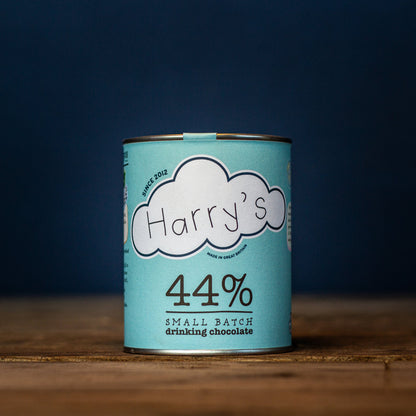 Cup of Harry's Hot Chocolate with 44% dark chocolate, rich and creamy hot chocolate drink in a mug.