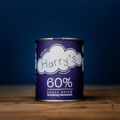 Harry's Hot Chocolate 60% hot chocolate powder in a square package, ideal for rich, creamy hot cocoa.