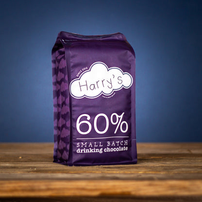 Bag of Harry's Hot Chocolate 60% hot chocolate mix in a 1.6kg bag, showing the product packaging.