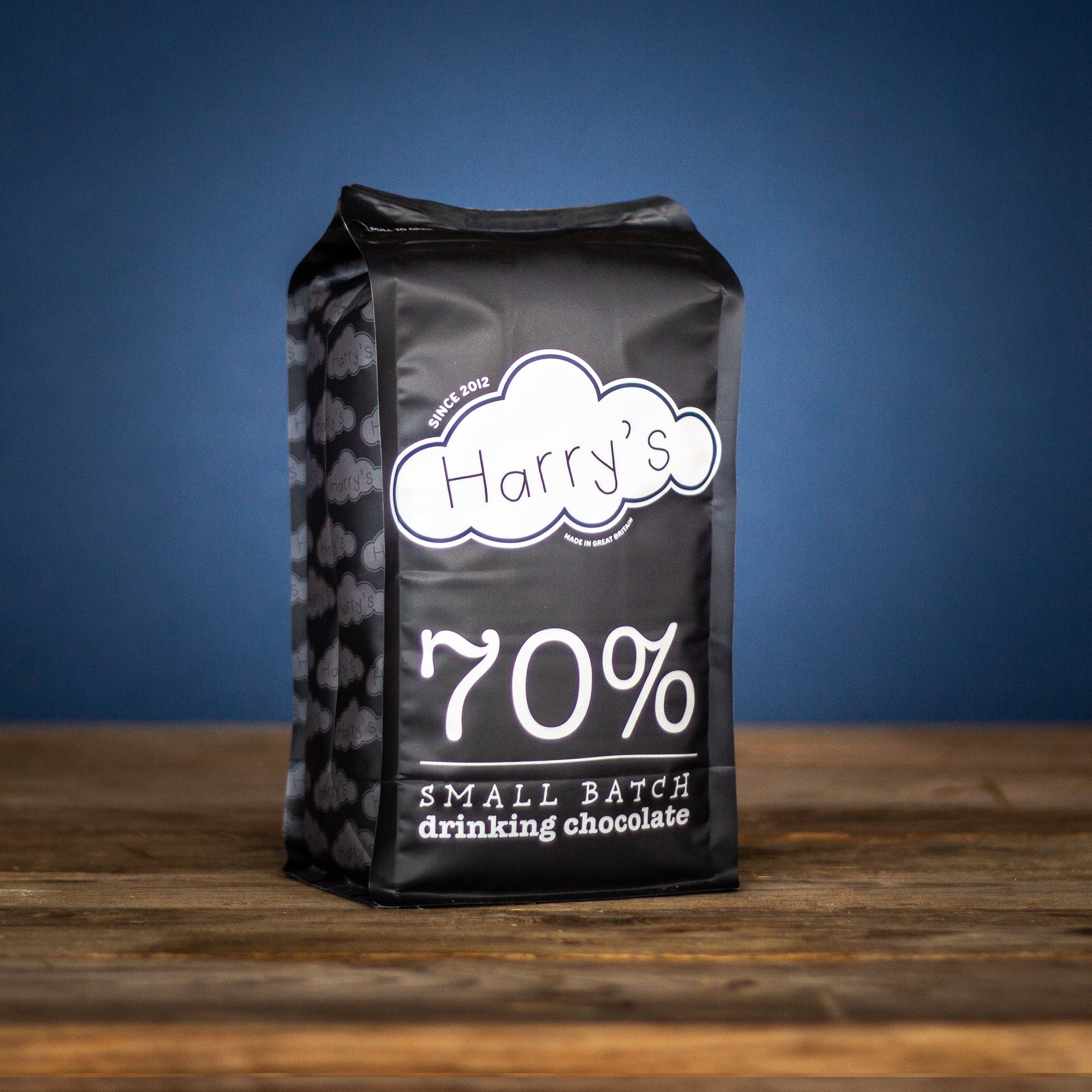 Harry's Hot Chocolate 70% hot chocolate powder in a 1.6kg bag, smooth and rich chocolate for hot beverages.
