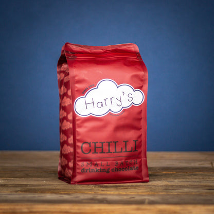 Harry's Chilli Hot Chocolate in a 1.6kg bag, featuring spicy chili flavor in a rich hot chocolate mix.