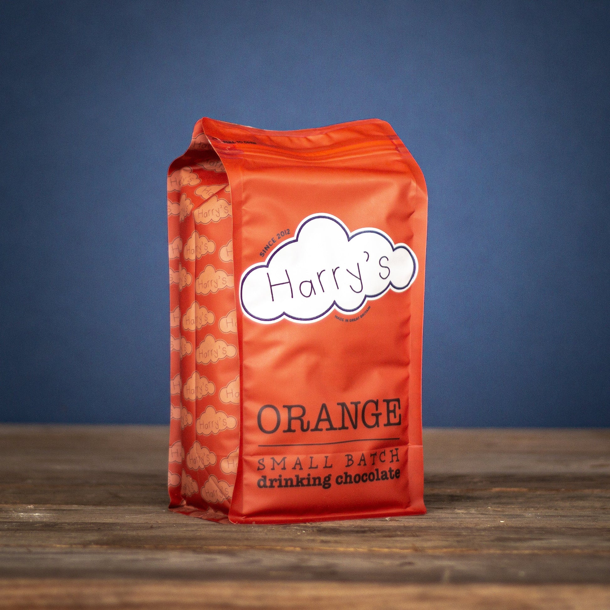 Harry's Hot Chocolate orange 44% hot chocolate in a 1.6kg bag, rich and creamy cocoa powder for delicious drinks.