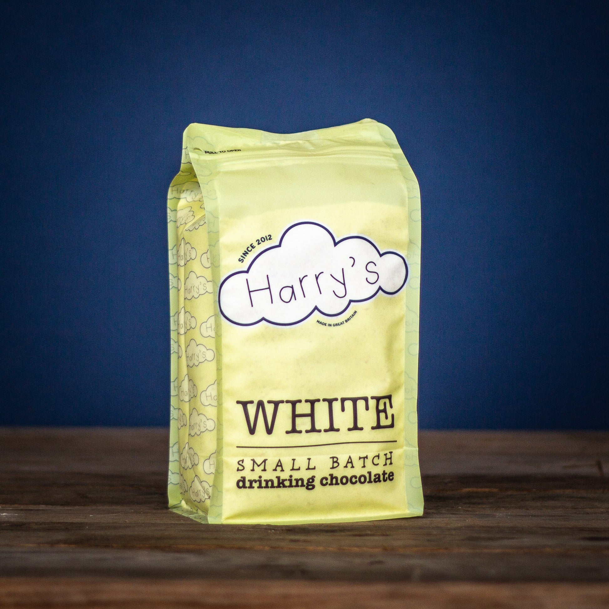 White 30% hot chocolate mix by Harry's Hot Chocolate in a 1.6kg bag, showing the packaging with the product label.