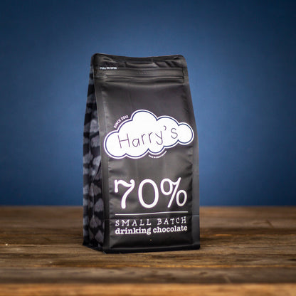 Harry's Hot Chocolate 70% hot chocolate powder in a 1kg bag, rich and smooth with deep chocolate flavor.